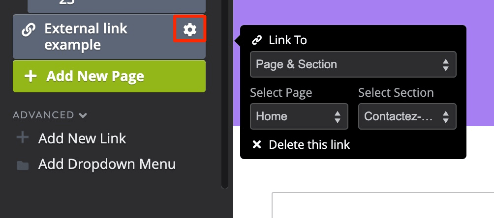 Strikingly settings panel linking an external navigation item to a chosen page and section