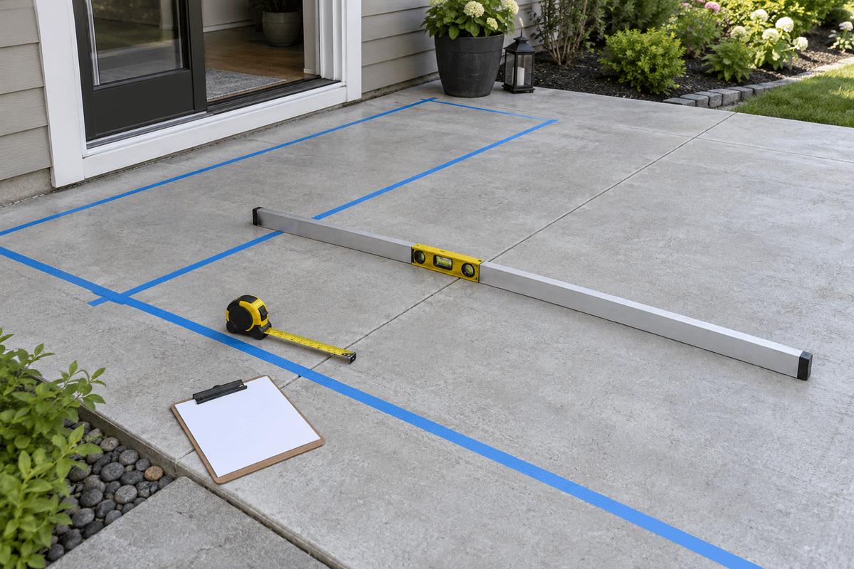 Concrete patio surveyed before composite decking installation