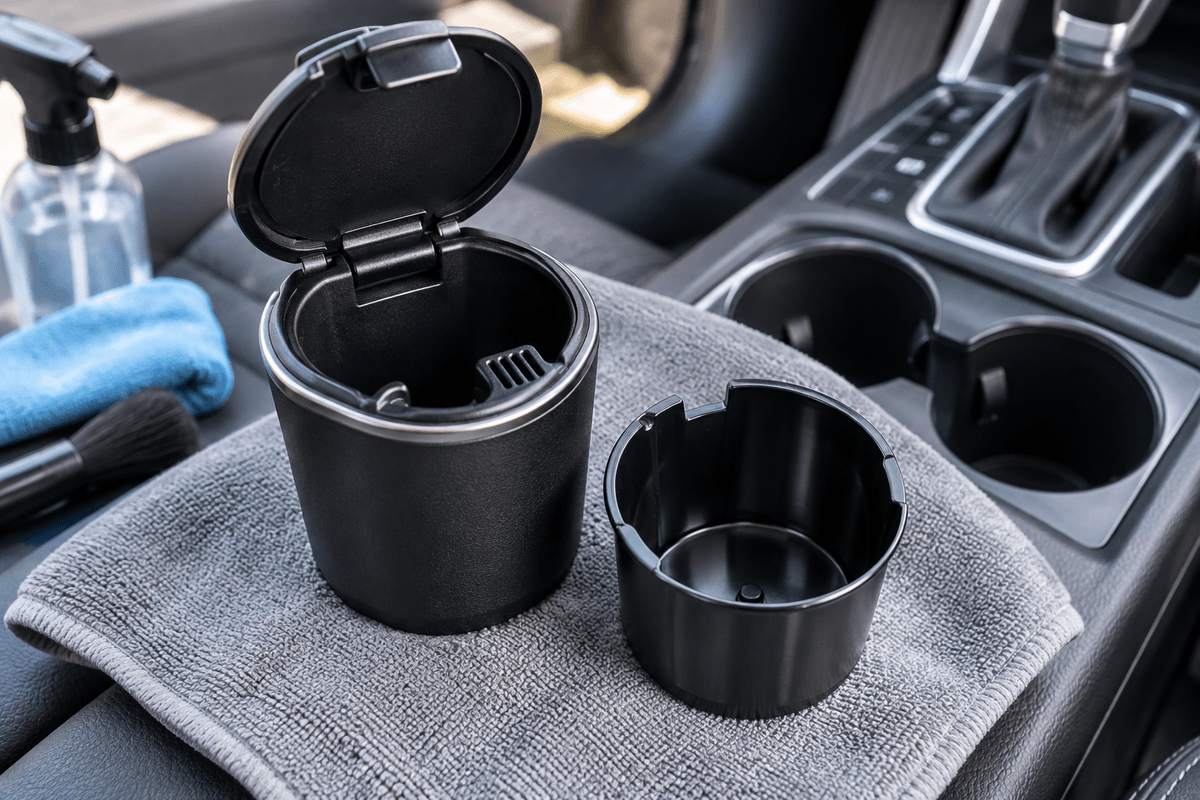 Removable liner from a lidded car ashtray placed on a microfiber towel for cleaning