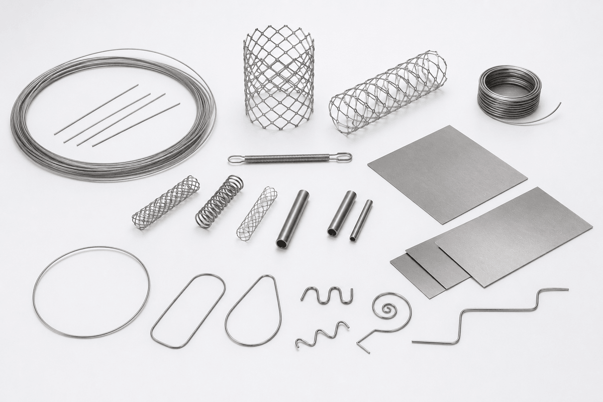Nitinol custom forms including wire tube sheet and spring components
