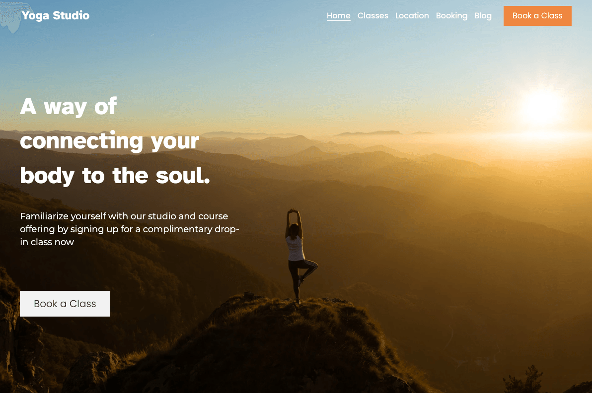 A Strikingly service website presenting yoga classes and a booking action