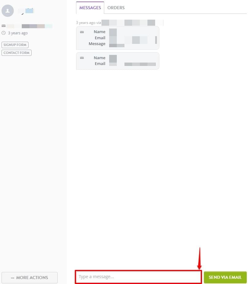 Strikingly Audience contact record with a field for sending a personal email reply