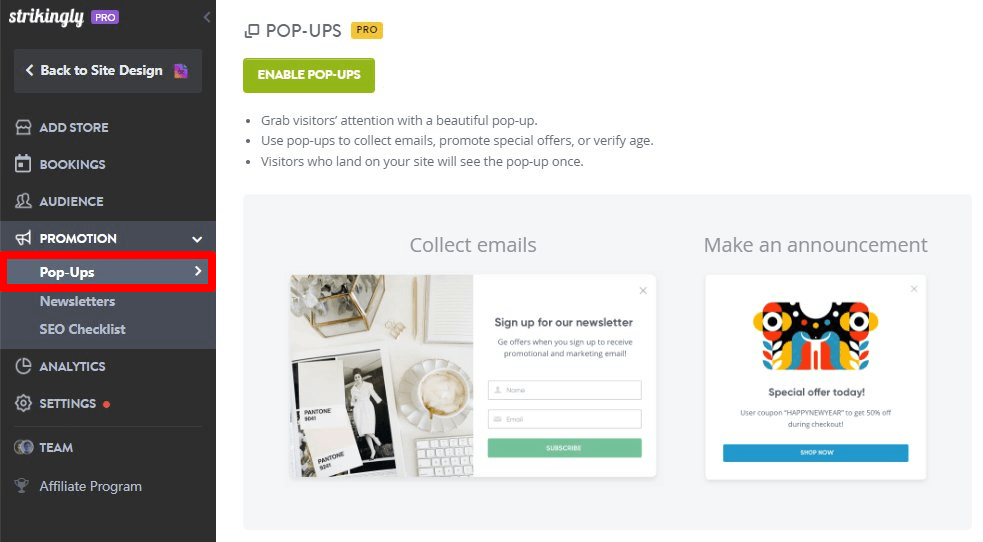 Strikingly pop-up settings used to place a focused lead invitation on selected pages