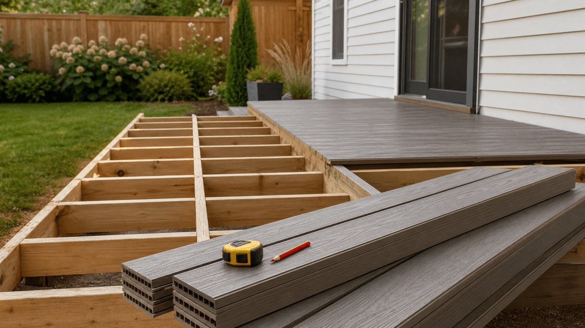 Close view of composite deck tile grid and drainage space