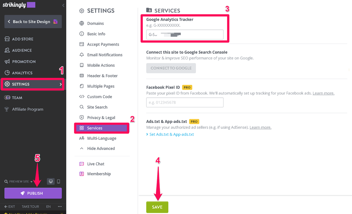 Strikingly settings screen showing where to add a Google Analytics tracker