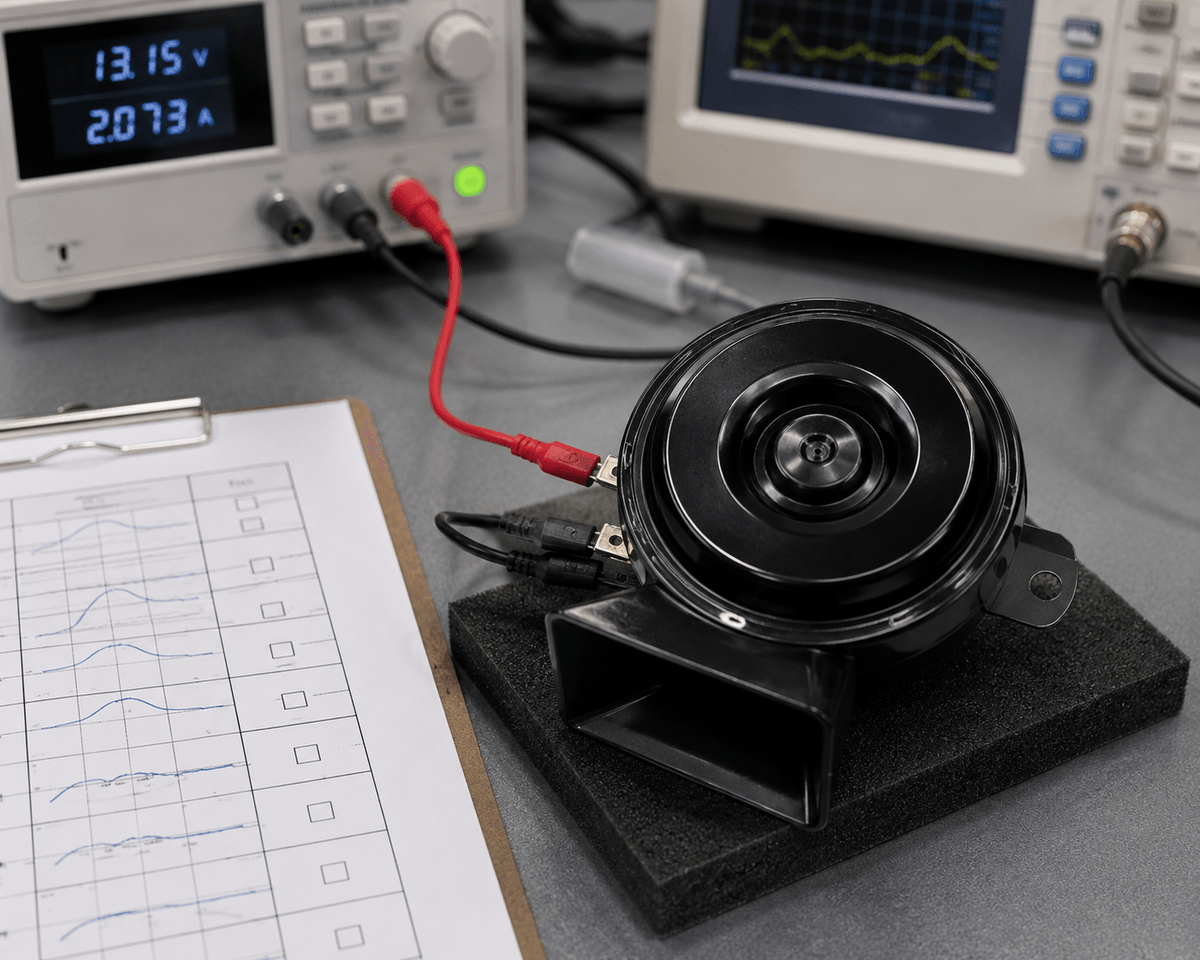12V horn speaker sample with current and frequency checks