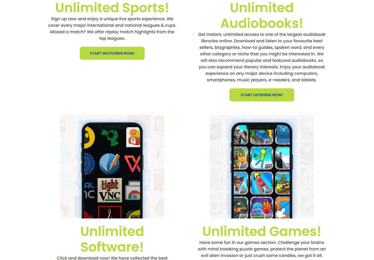 Digital Pass Times sections presenting sports, audiobooks, software, and browser games.