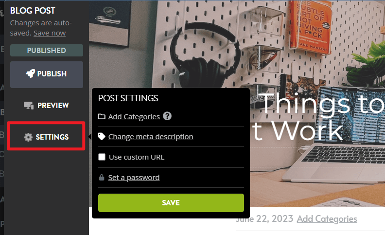 Strikingly blog post settings for categories, meta descriptions, and custom URLs