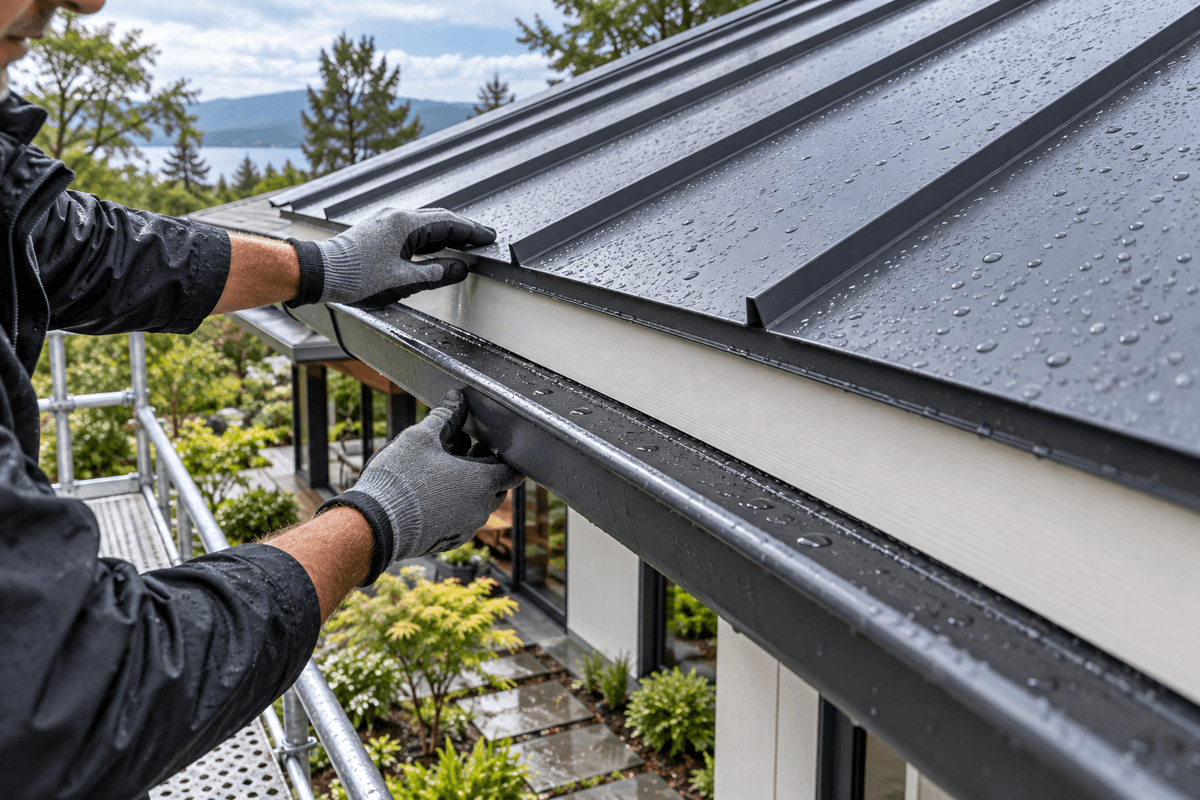Rake flashing aligned on a modern metal roof