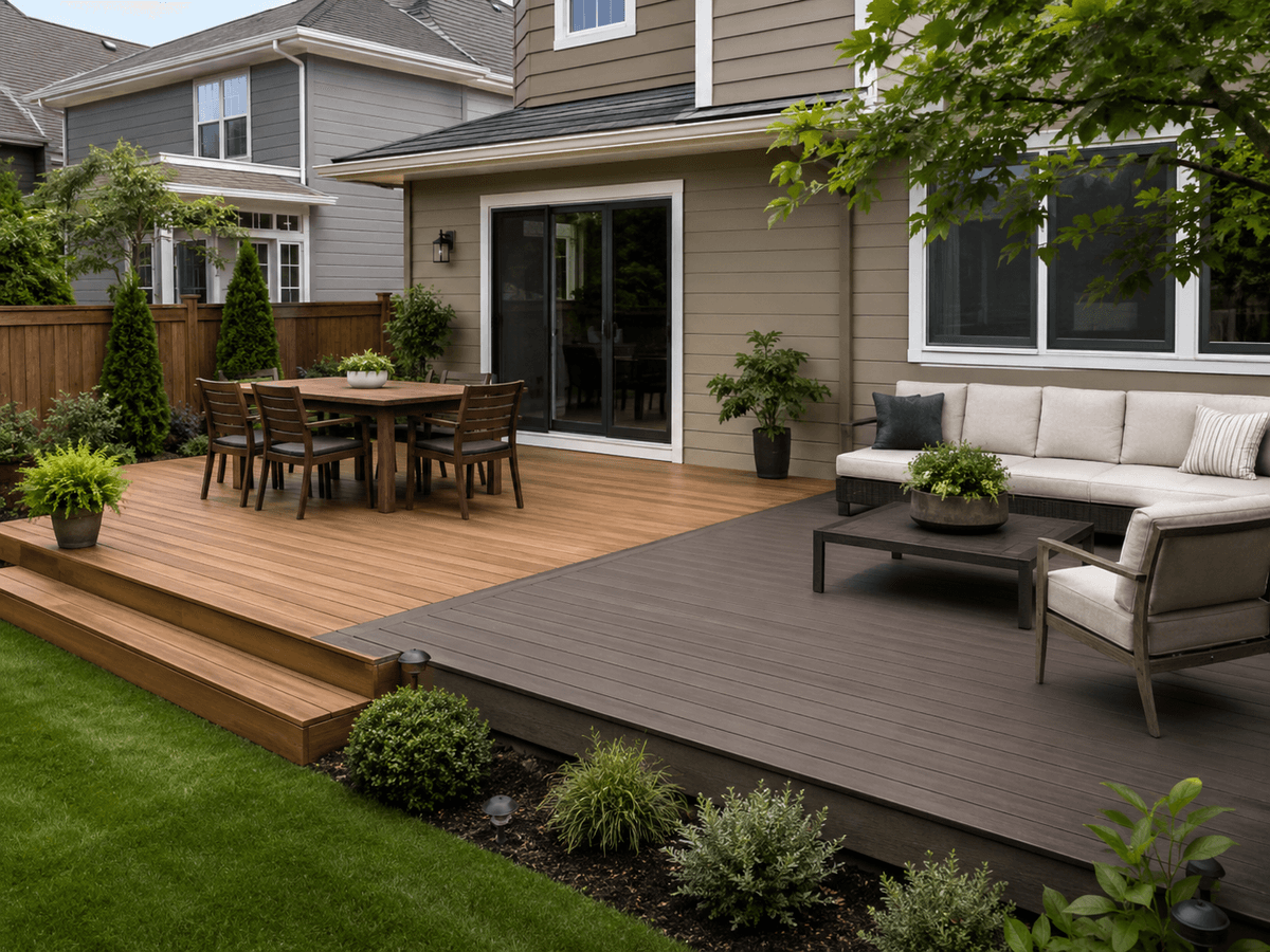 Backyard deck concept comparing natural wood and composite styles