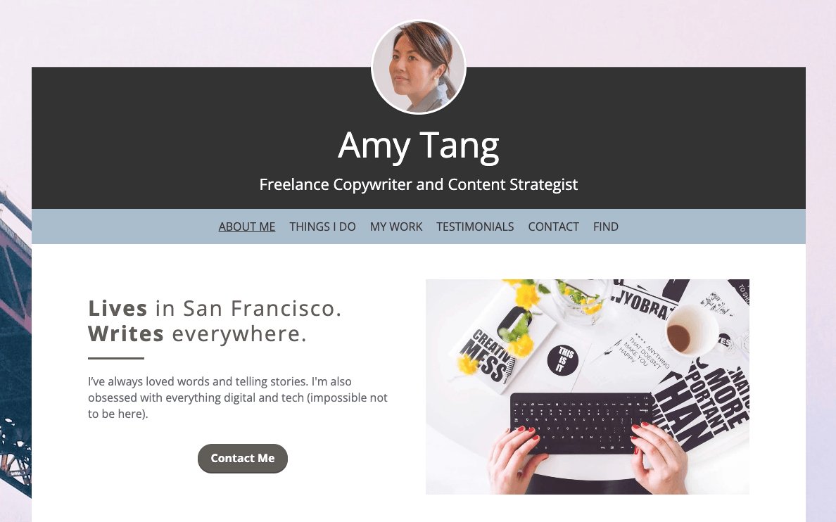  Profile website for a freelance copywriter and content strategist with clearly labeled navigation