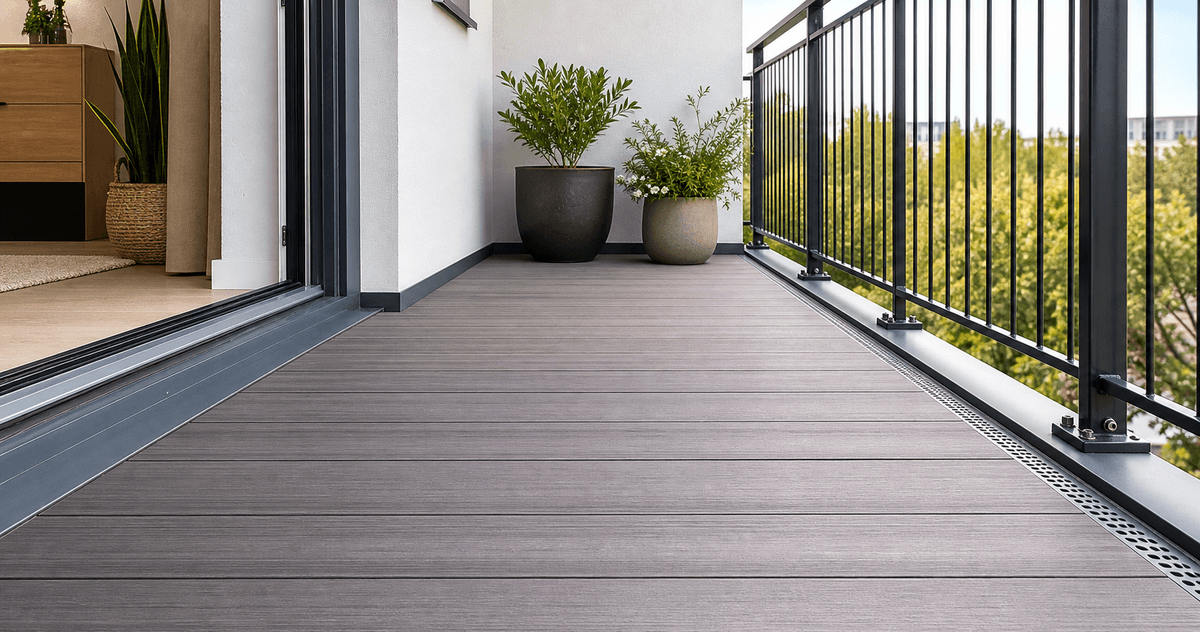 Level composite balcony floor installed over adjustable supports