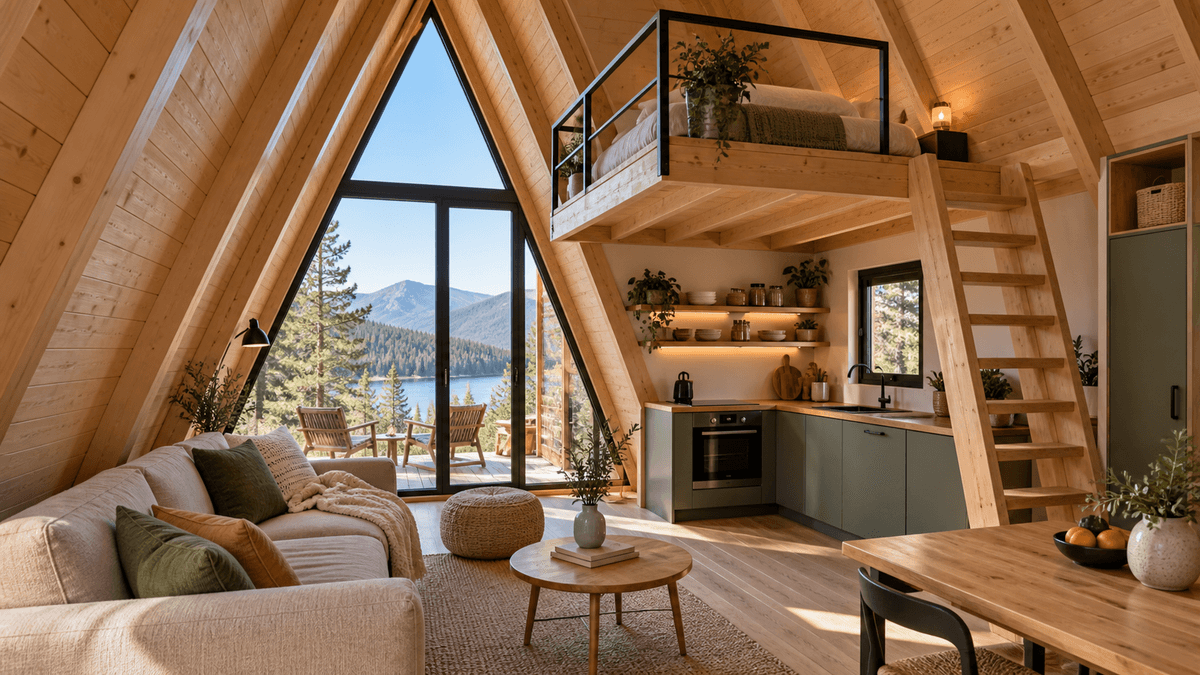 Interior de casa prefabricada tipo A-frame con entreplanta