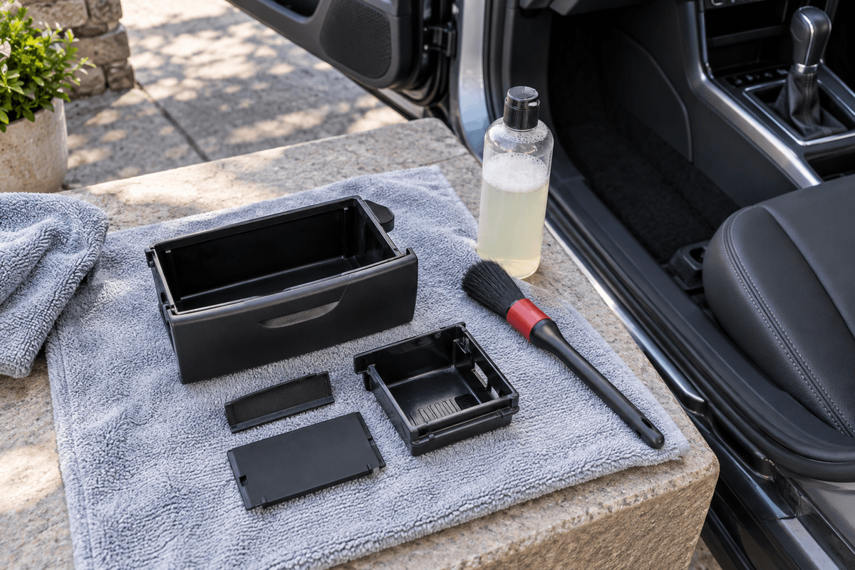 Clean car ashtray parts drying on a microfiber towel beside an open parked car