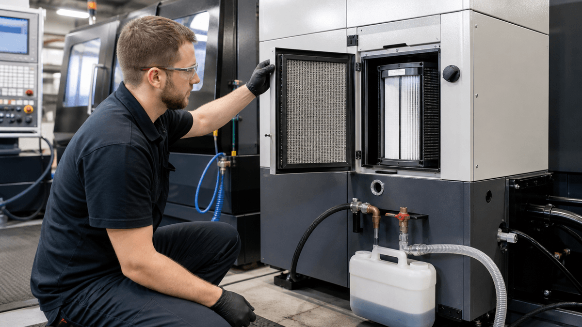technician checking drain and filters on CNC mist extraction system