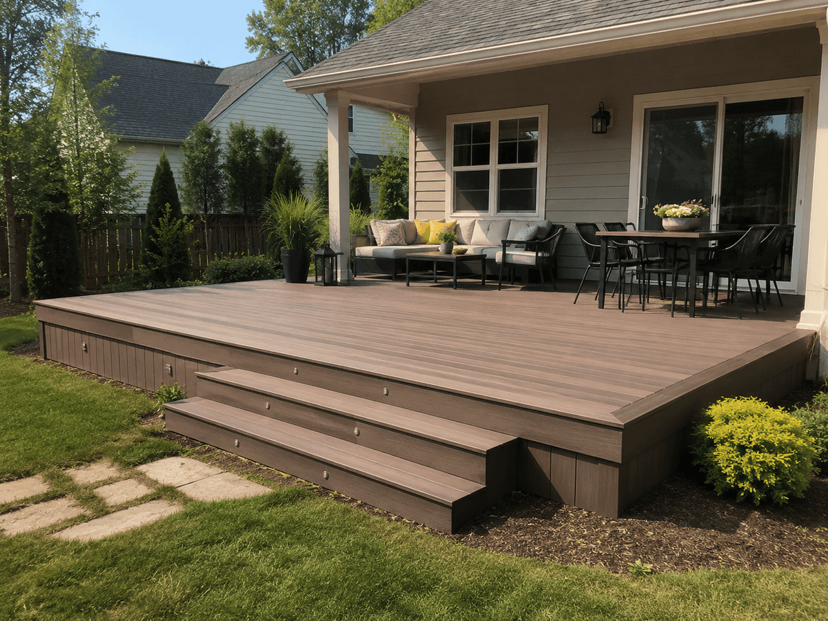Backyard deck planned with coordinated composite board system