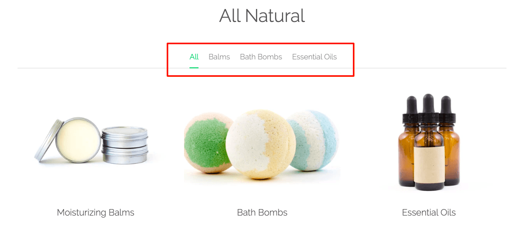 Strikingly product showcase with category tabs for balms, bath bombs, and essential oils