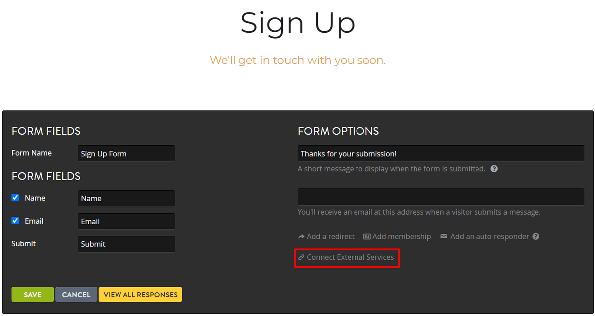 Strikingly form settings showing the external services connection