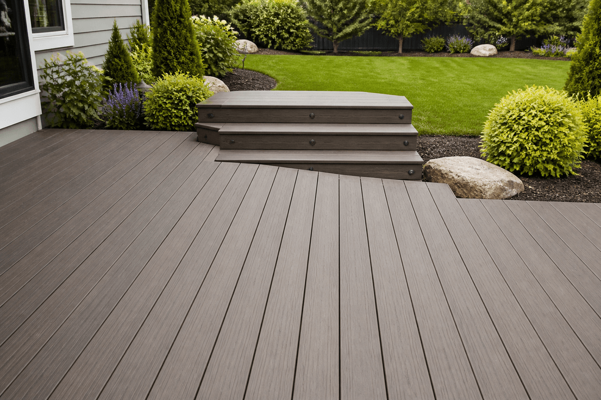 Composite backyard deck board layout with steps to the lawn