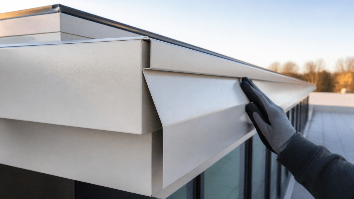 Four-face roof fascia detail inspected at a building edge