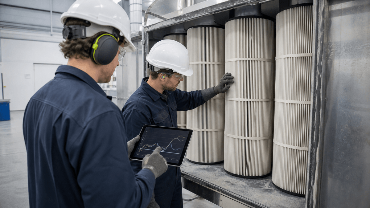 maintenance team checking cartridge filter pressure drop and dust loading