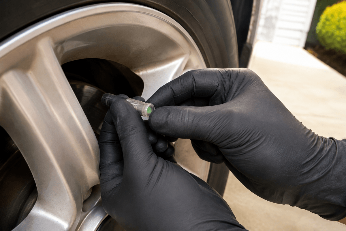 Gloved hands installing a visual tire pressure monitor cap on a valve stem