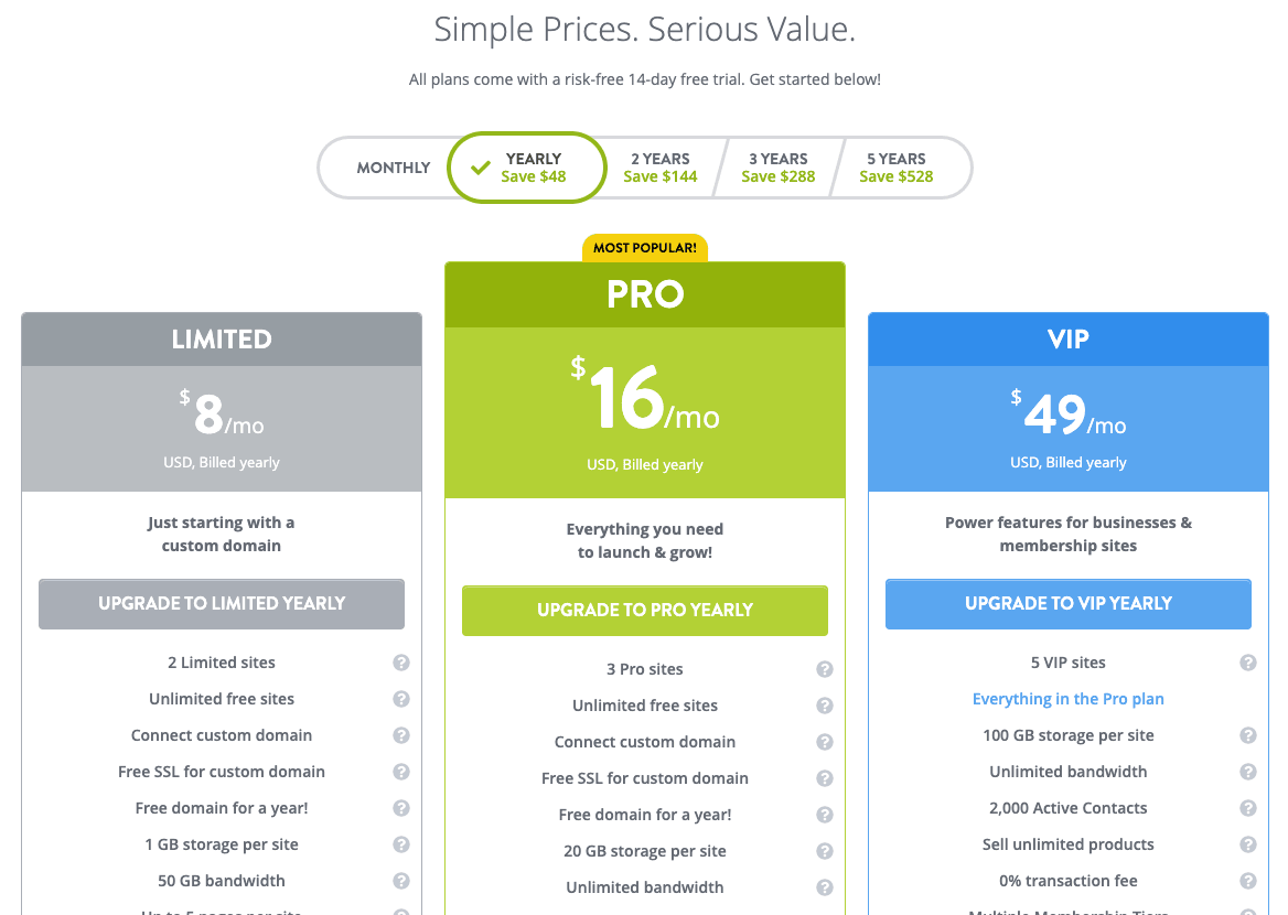 A clear Strikingly pricing table comparing three plan levels and their features