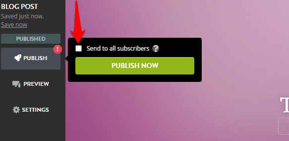 Strikingly blog publishing panel with the option to send an update to subscribers