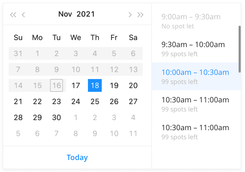 Customer-facing Strikingly date and time picker for choosing an appointment
