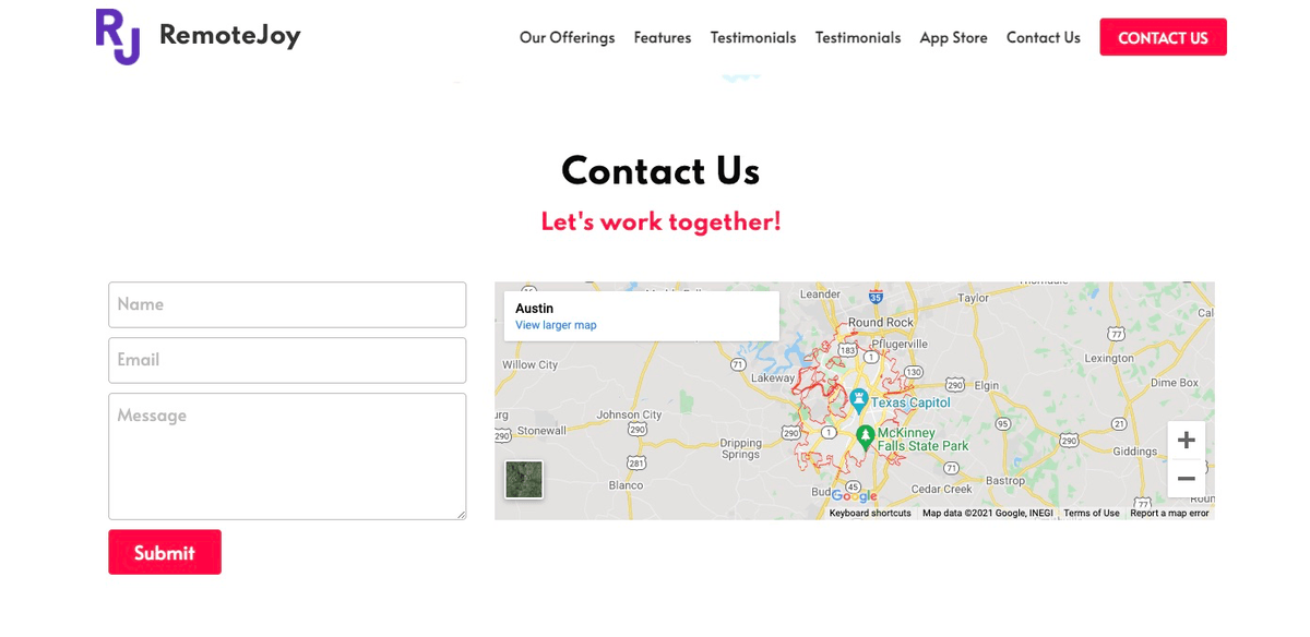 Strikingly contact form with name, email, message, map, and submit button
