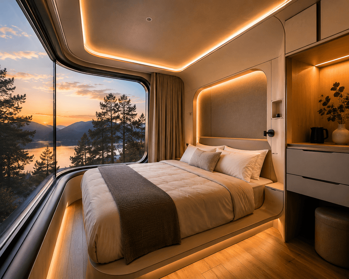 Interior compacto de casa cápsula con cama y ventana panorámica
