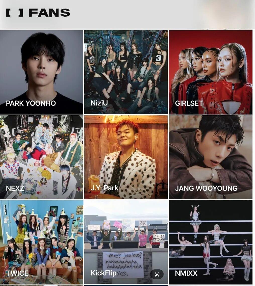 Original app.fans website image showing artists and fan content on the JYP platform.