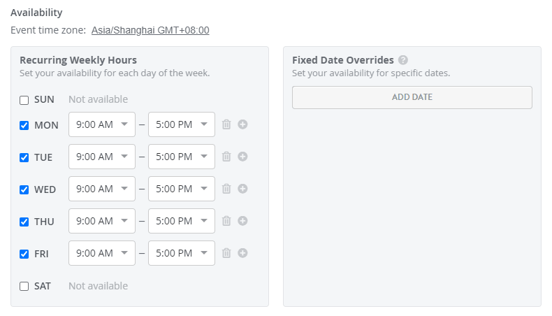 Strikingly Bookings availability controls with recurring hours and date overrides