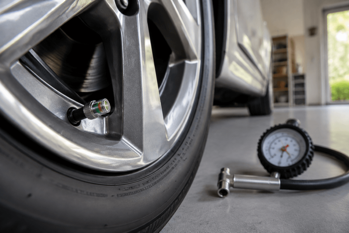 Tire pressure valve cap beside a handheld tire pressure gauge in a garage