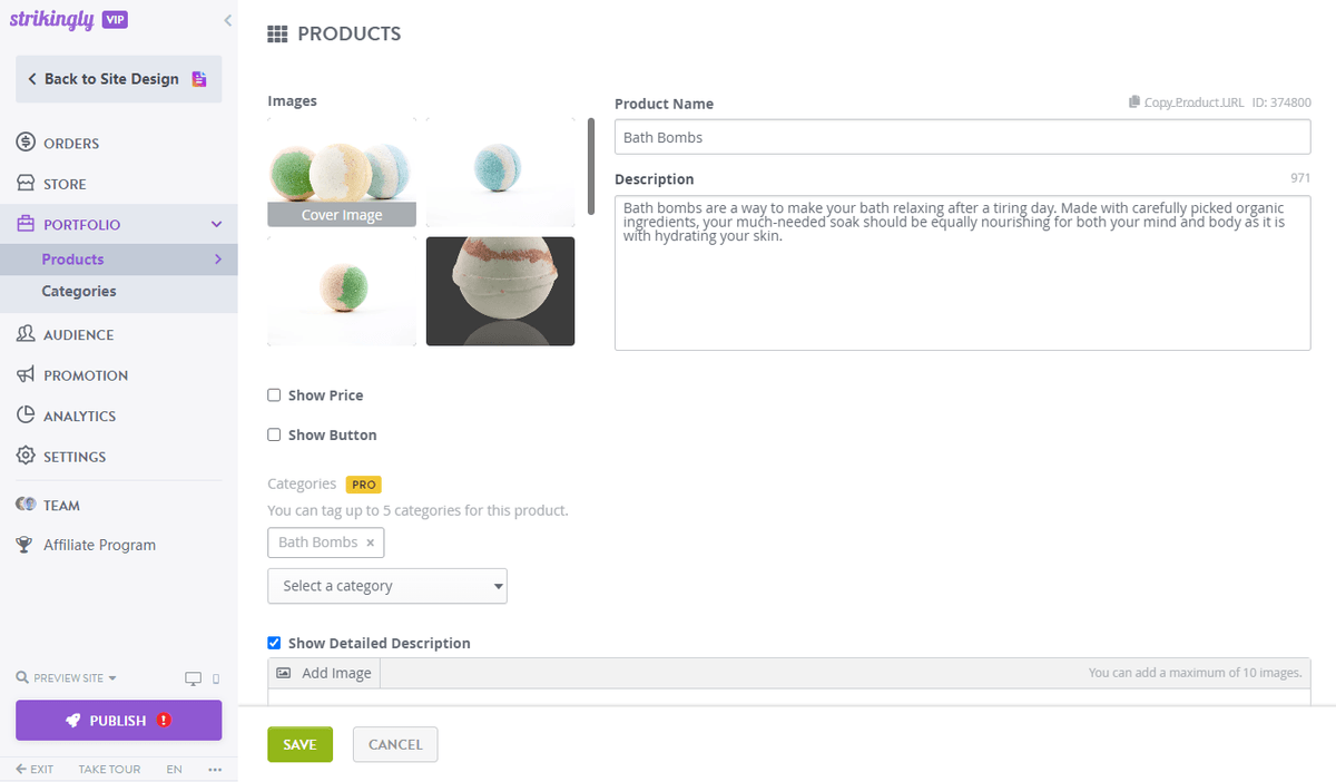 Strikingly product showcase editor with product images, description, price, and category controls