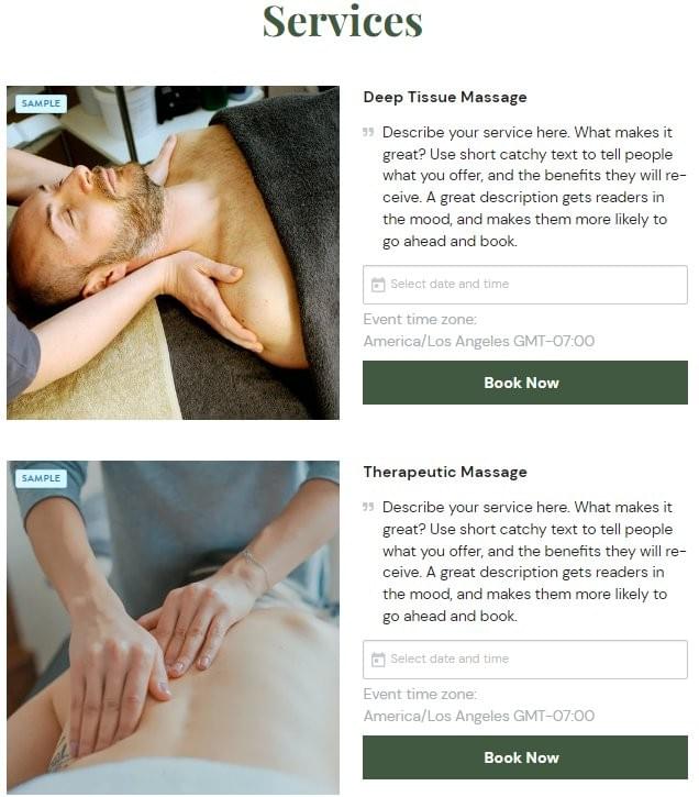 Strikingly Bookings section listing massage services with date time selectors and Book Now buttons