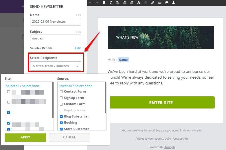 Newsletter recipient filters for sending follow-up to selected leads