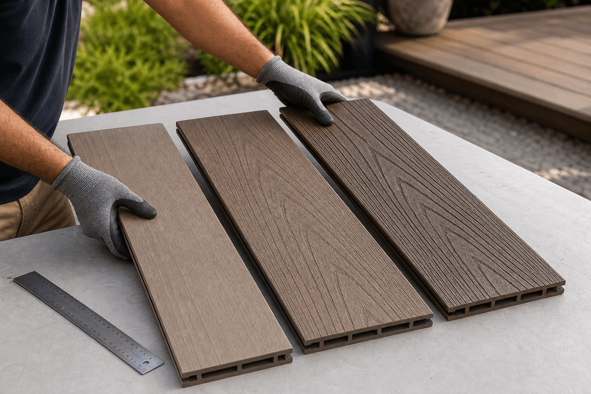  Contractor comparing embossed composite deck boards outdoors