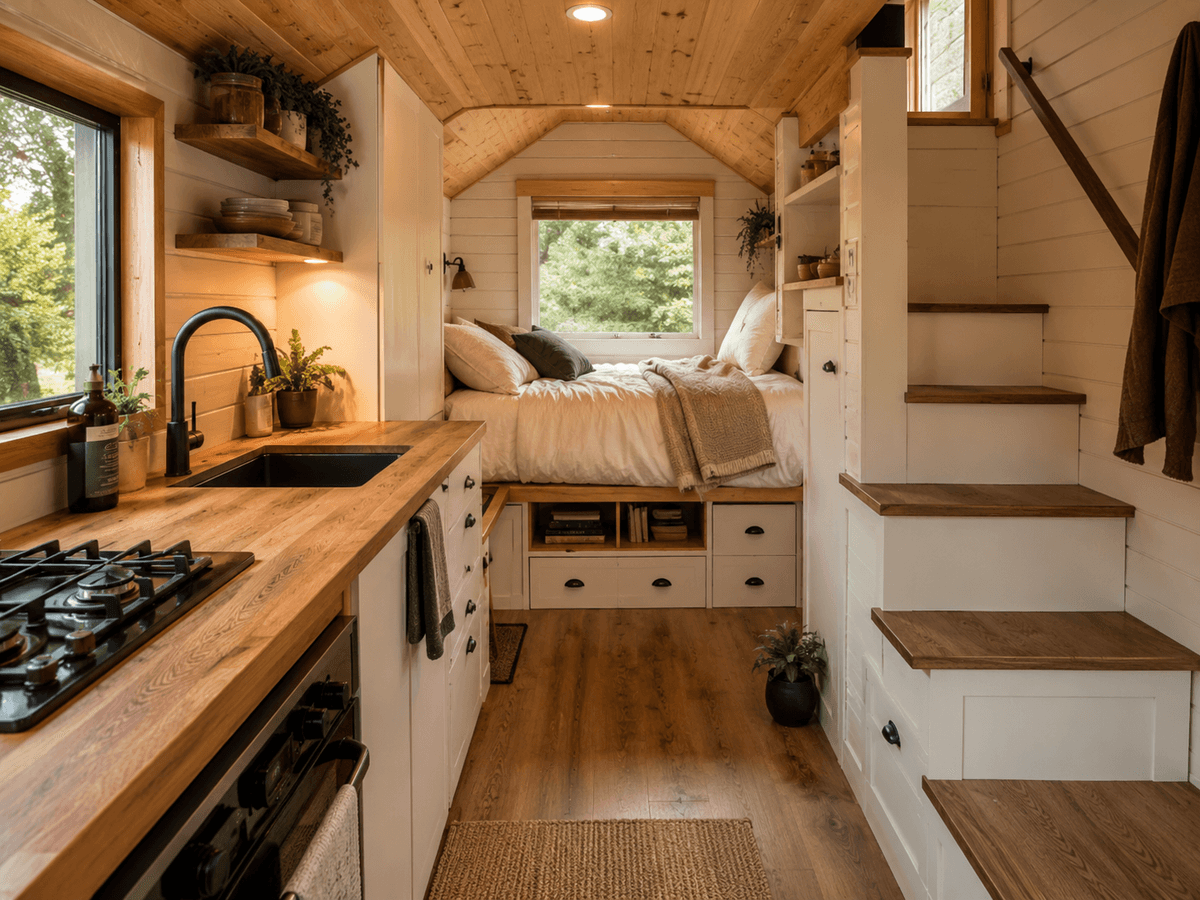 Tiny house por dentro con cama y cocina compacta