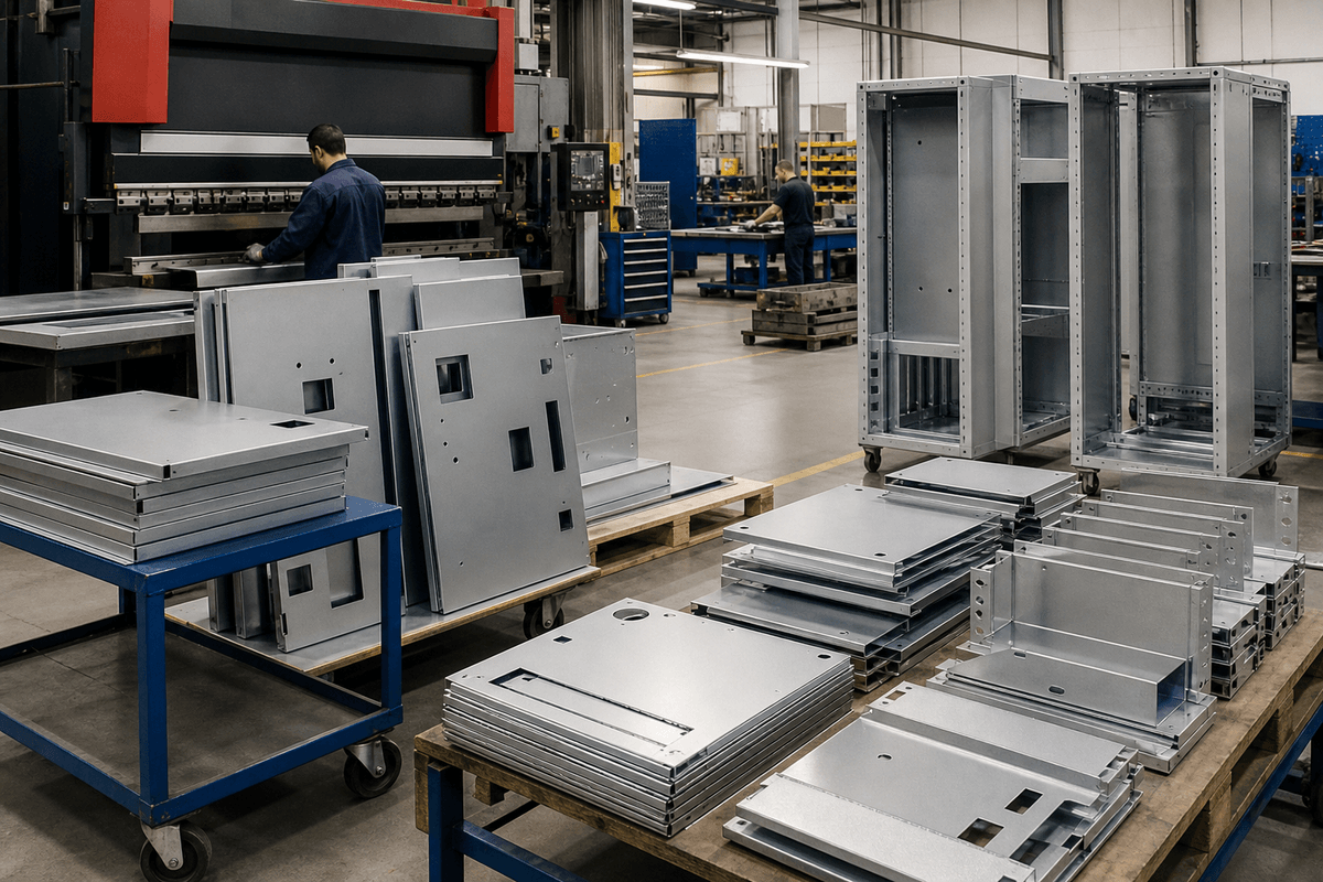 Electrical cabinet sheet metal parts organized for bending and enclosure assembly