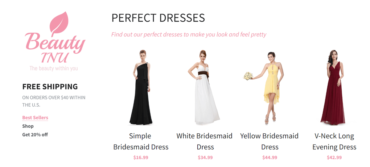 Beauty INU Strikingly site using visual proof and product-focused content