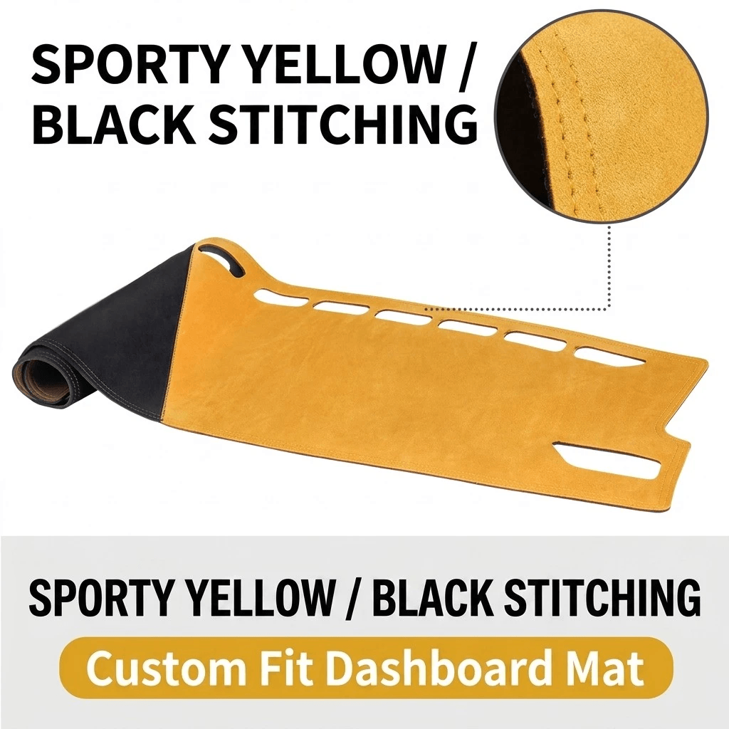 Sporty yellow custom fit dashboard mat with black stitching