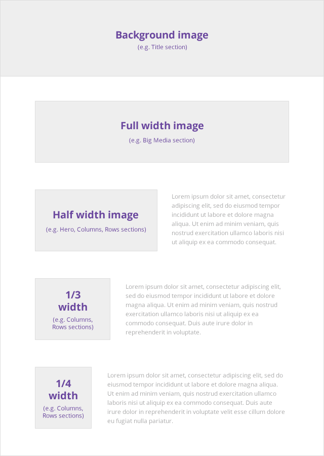 Strikingly image size guide comparing useful widths for common page layouts