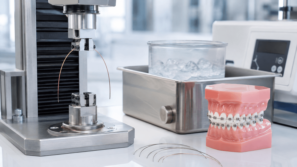 A Copper NiTi orthodontic archwire is often identified by a nominal activation temperature such as 27°C, 35°C, or 40°C. That number is useful, but it cannot describe the wire by itself. Commercial studies show that products carrying the same 35°C label can have different measured austenite-finish temperatures and plateau forces. Composition and manufacturing history remain visible in the final mechanical response.  GEE SMA supplies Copper NiTi and Copper NiTiCr round wire as raw material for archwire manufacturing, beginning at 0.05 mm [0.002 in.] and up. Copper NiTiCr is used more frequently for this temperature range, with Active Af options around 27, 35, and 40°C. The cold-drawn and straight-annealed wire conditions give archwire manufacturers different starting points for their own forming and heat-treatment routes.  The Temperature Label Is a Design Target, Not a Complete Result Af is the temperature at which the reverse transformation to austenite finishes under the stated method and specimen condition. In an orthodontic system, ambient temperature, intraoral temperature, imposed deflection, bracket geometry, and friction interact with that thermal state. A 35°C wire may not behave identically at every point in the mouth, and a product name cannot replace measured data.  Research comparing five commercial 35°C CuNiTi archwires found meaningful differences in Af and plateau force even among products of the same nominal cross section. The practical control is to set an acceptance band, method, and lot sampling plan. GEE SMA's temperature-linked force behavior provides a useful basis for translating a market label into a raw-material requirement.  Copper NiTi and Copper NiTiCr Are Related but Not Identical Ternary Copper NiTi is a narrow-hysteresis shape memory alloy with a broad Active Af family from roughly 45 to 75°C in GEE SMA product data. Adding a small chromium content can shift the usable range downward; the Copper NiTiCr family is listed at roughly 25 to 45°C. This makes the quaternary alloy a practical candidate for thermally responsive orthodontic products.  The alloy designation must appear on the order and certificate. “Copper NiTi” should not be used casually for every Cu- and Cr-containing composition. GEE SMA's Copper NiTiCr narrow-hysteresis controls distinguish composition, transformation window, delivery condition, and intended downstream processing.  Raw Round Wire Is Not a Finished Archwire A finished archwire may be drawn or rolled to a round, square, or rectangular section, formed to an arch, heat treated, polished, marked, cleaned, and packaged. Each operation can change dimensions, corners, residual stress, surface condition, and transformation behavior. Material suitable for producing an archwire is therefore not automatically a finished clinical product.  GEE SMA offers cold-worked material ready for later thermomechanical processing and straight-annealed material for different production routes. The customer should disclose intended reduction, forming, shape setting, and polishing so the starting state can be selected correctly. Its archwire raw-material controls keep this responsibility boundary clear.  Measure Force in Representative Geometry and Temperature Uniaxial tensile data can compare material lots, but finished archwire use is dominated by bending, engagement, unloading, and contact. Three-point bending or a representative bracket setup can better capture delivered force. Test temperature, span, deflection, cross section, loading rate, conditioning cycles, and surface-contact arrangement must be reported.  Lower loading force can ease engagement, while the unloading plateau governs force delivered during recovery. Narrower thermal and stress hysteresis may improve consistency, but the clinical manufacturer must verify the final size and arch form. GEE SMA's mechanical and transformation test controls can support raw-material lot comparison before finished-product testing.  Surface and Section Geometry Affect Friction and Fatigue GEE SMA lists black oxide and mechanically polished surfaces for Copper NiTi wire. A finished orthodontic manufacturer may add drawing, rolling, polishing, coating, or cleaning. Surface defects and rough corners can influence friction, corrosion, crack initiation, and handling. A bright appearance does not quantify roughness or establish final biocompatibility.  Specify incoming diameter and tolerance, then control the finished section independently. Rectangular wire requires width, thickness, corner radius, twist, camber, and arch-form tolerances. GEE SMA's rolled-versus-drawn geometry controls are relevant when round feedstock becomes a shaped cross section.  A Responsible Supply Specification Name Copper NiTi or Copper NiTiCr and report lot-specific chemistry as agreed. Define the Active Af target, tolerance, method, sample condition, and sampling frequency. State incoming diameter, tolerance, surface, cold-worked or straight-annealed condition, spool, and quantity. Describe all reduction, rolling, forming, shape-setting, polishing, coating, and cleaning steps. Validate finished archwire force at representative temperature, deflection, geometry, and cycle count. Keep raw-material conformance separate from clinical claims and finished-device regulatory evidence. The 27/35/40°C language is a useful design vocabulary only when supported by measured transformation and force behavior. Control the alloy and process first; then validate the finished archwire in the temperature and geometry where it will actually work.