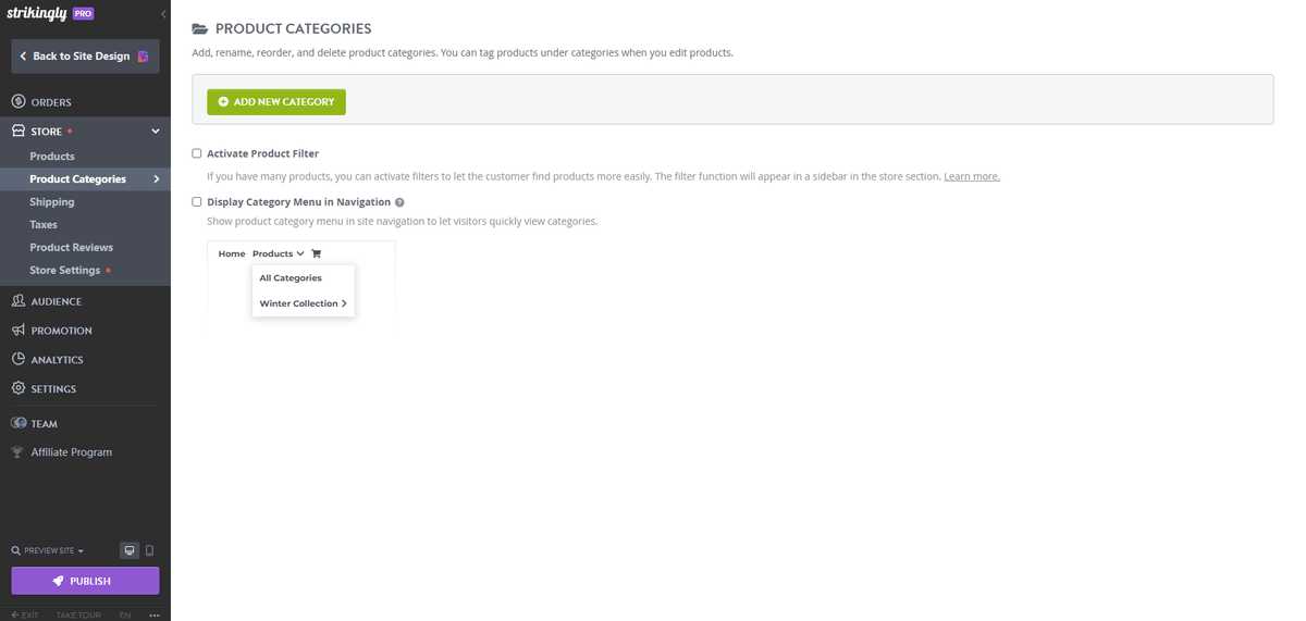 Strikingly product categories for organizing an online store