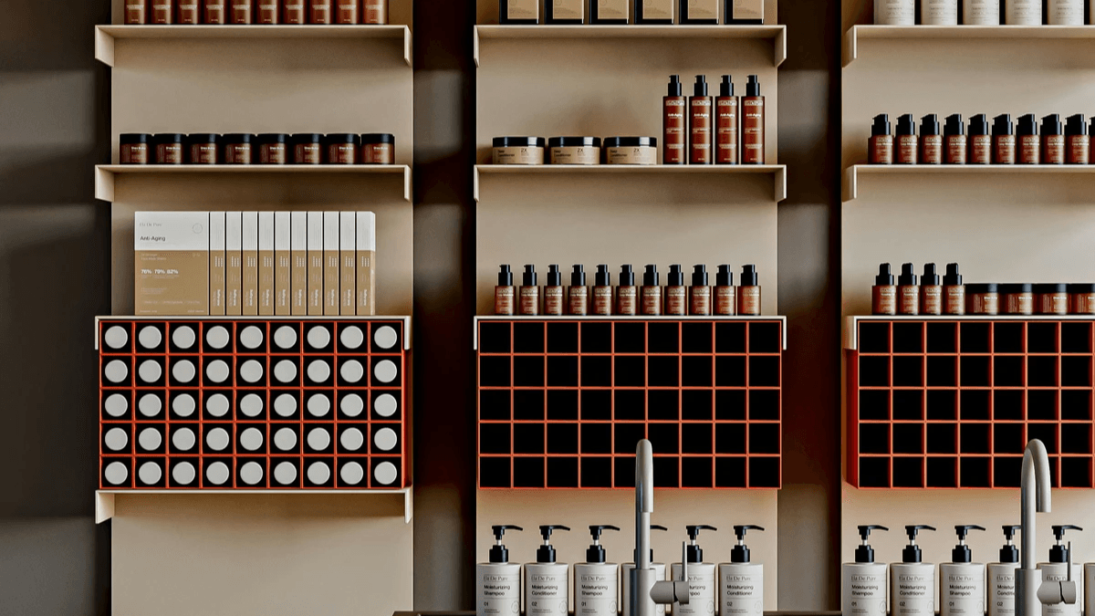 Neatly arranged skincare products showing packaging variety on retail shelves