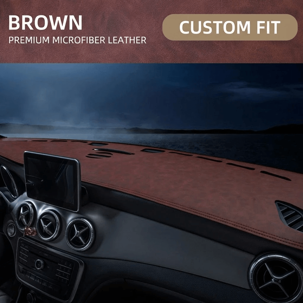 Brown custom-fit dashboard mat installed across a vehicle dashboard