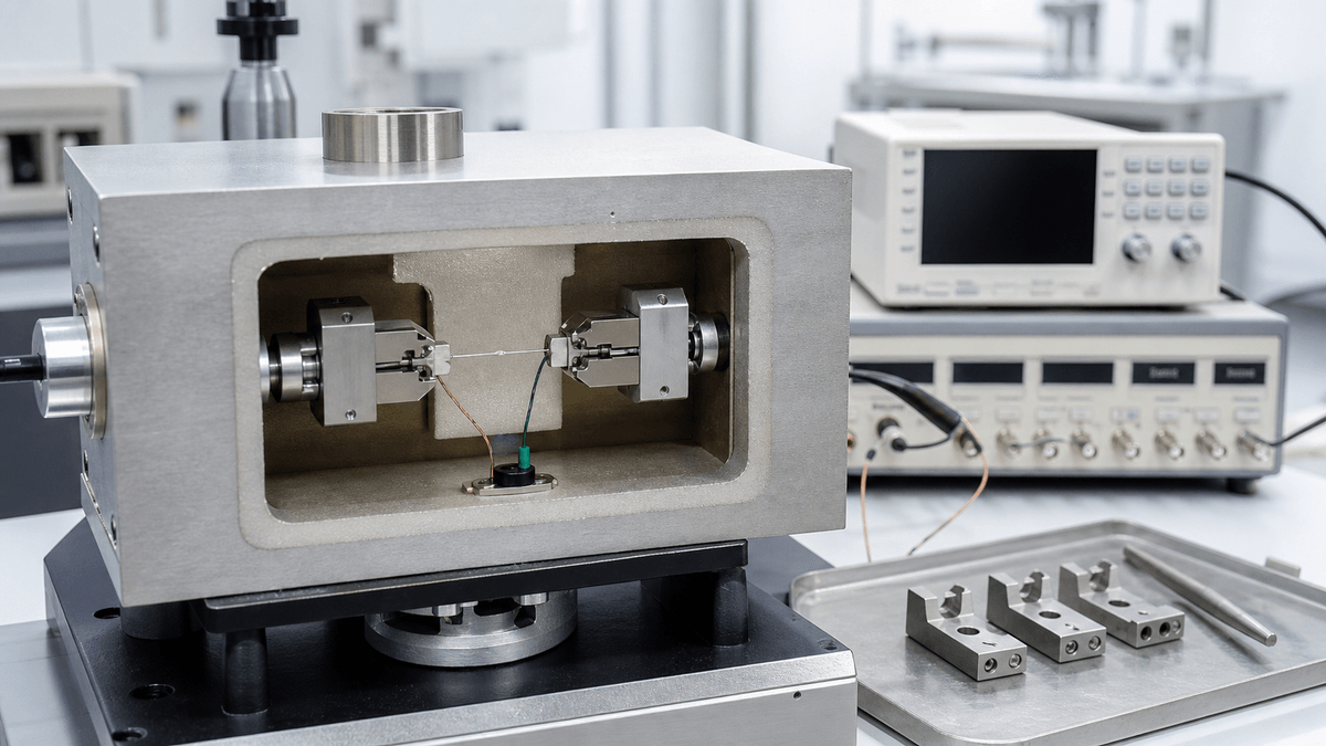 Copper NiTiCr wire active Af testing in a temperature-controlled lab fixture