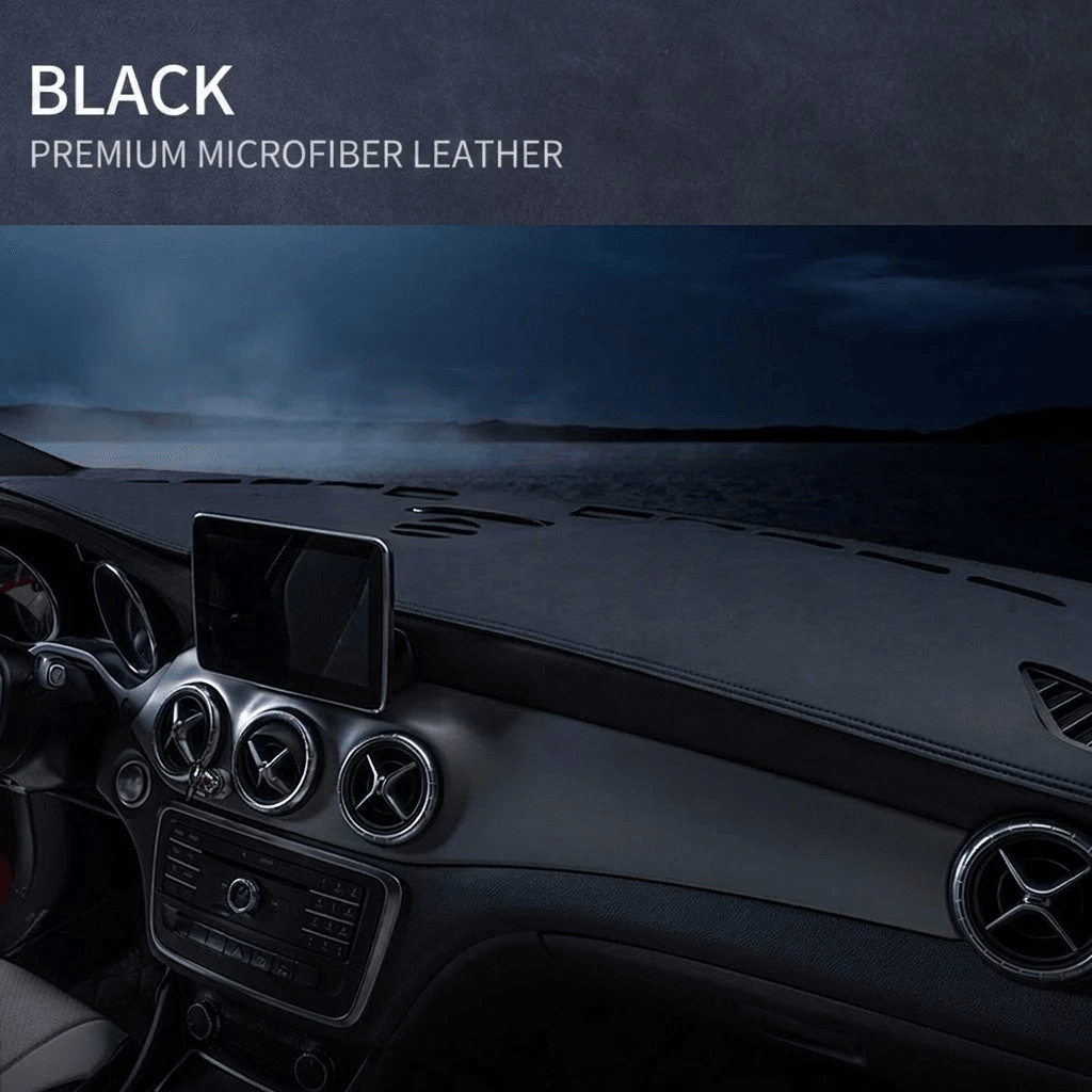 Mocha brown dashboard mat with black stitching and cutout details