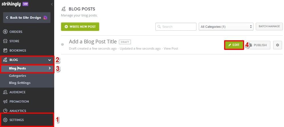 Strikingly Simple Blog category management screen for organizing articles